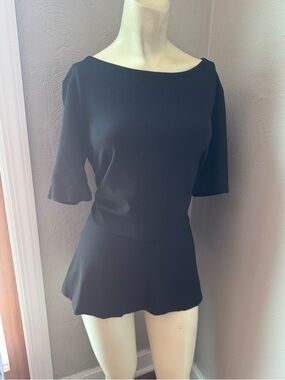 Talbots Crewneck Peplum Top, black, short sleeve, size medium petite